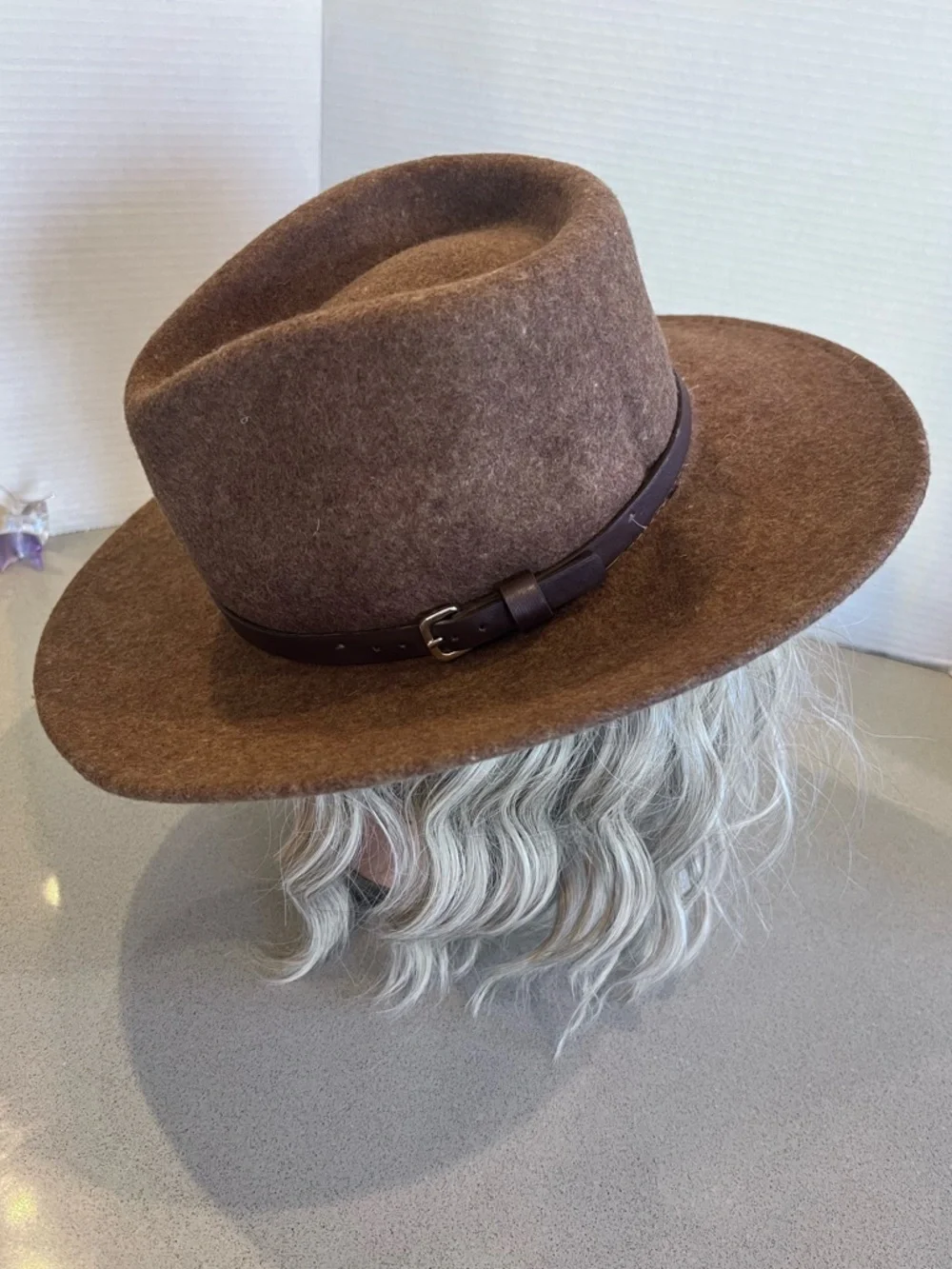 Classic Brown Wide-Brim Wool Felt Fedora Hat Band Buckle Detail One Size